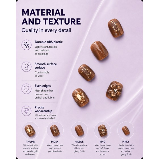 Maillard Brown Short Square‑Oval Press‑On Nails, 3D Flower & Metal Decor Retro Autumn Winter False Nails